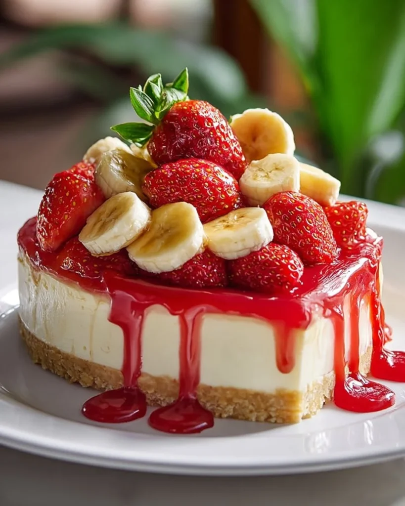 Delicious banana-strawberry cheesecake dessert on a plate