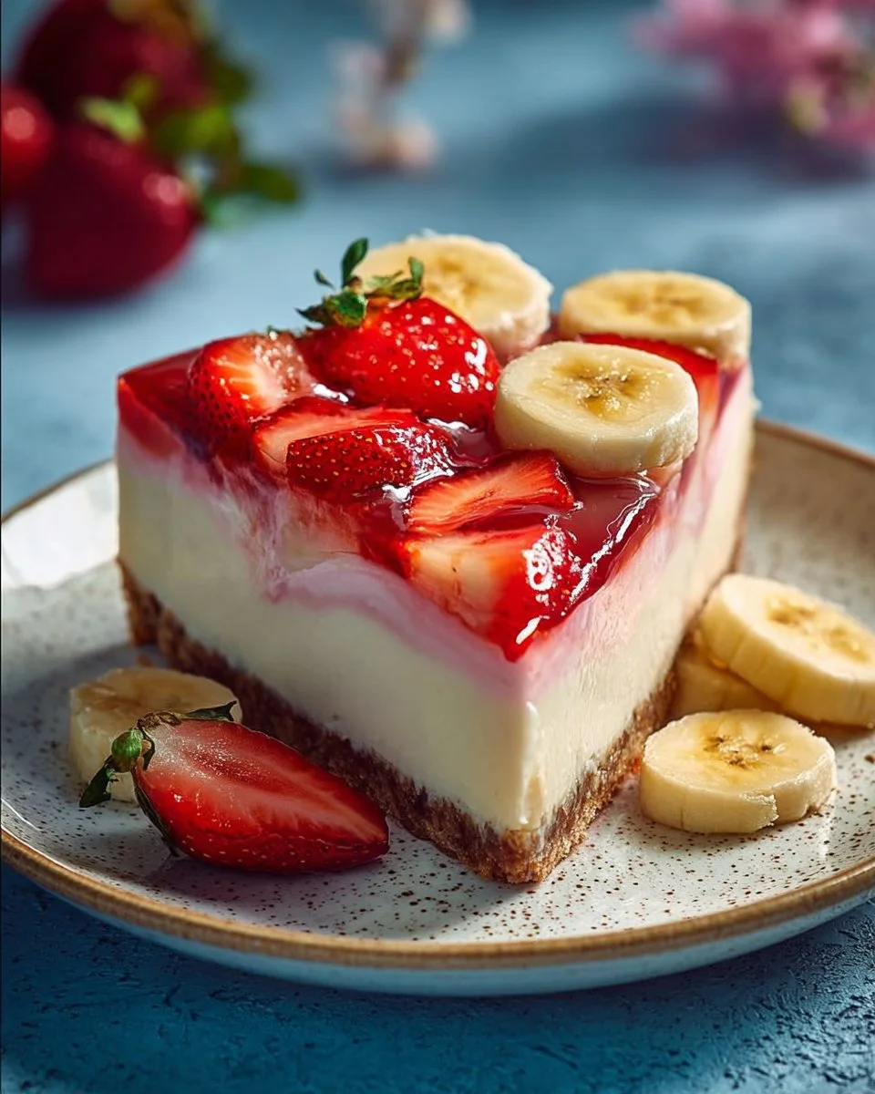 Delicious banana-strawberry cheesecake topped with fresh fruit