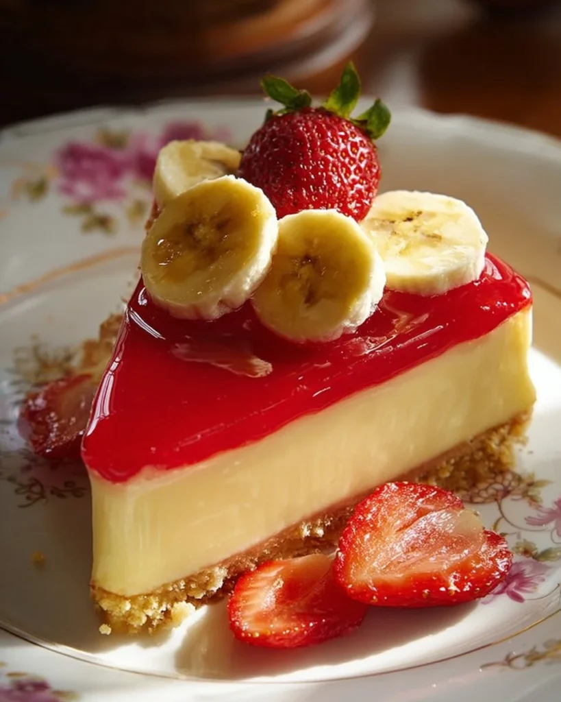 Slice of banana-strawberry cheesecake garnished with fresh fruit