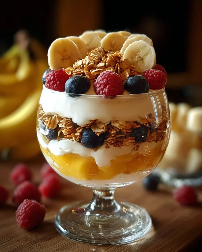 Delicious Banana Vanilla Pudding layered in a tropical fruit trifle dessert