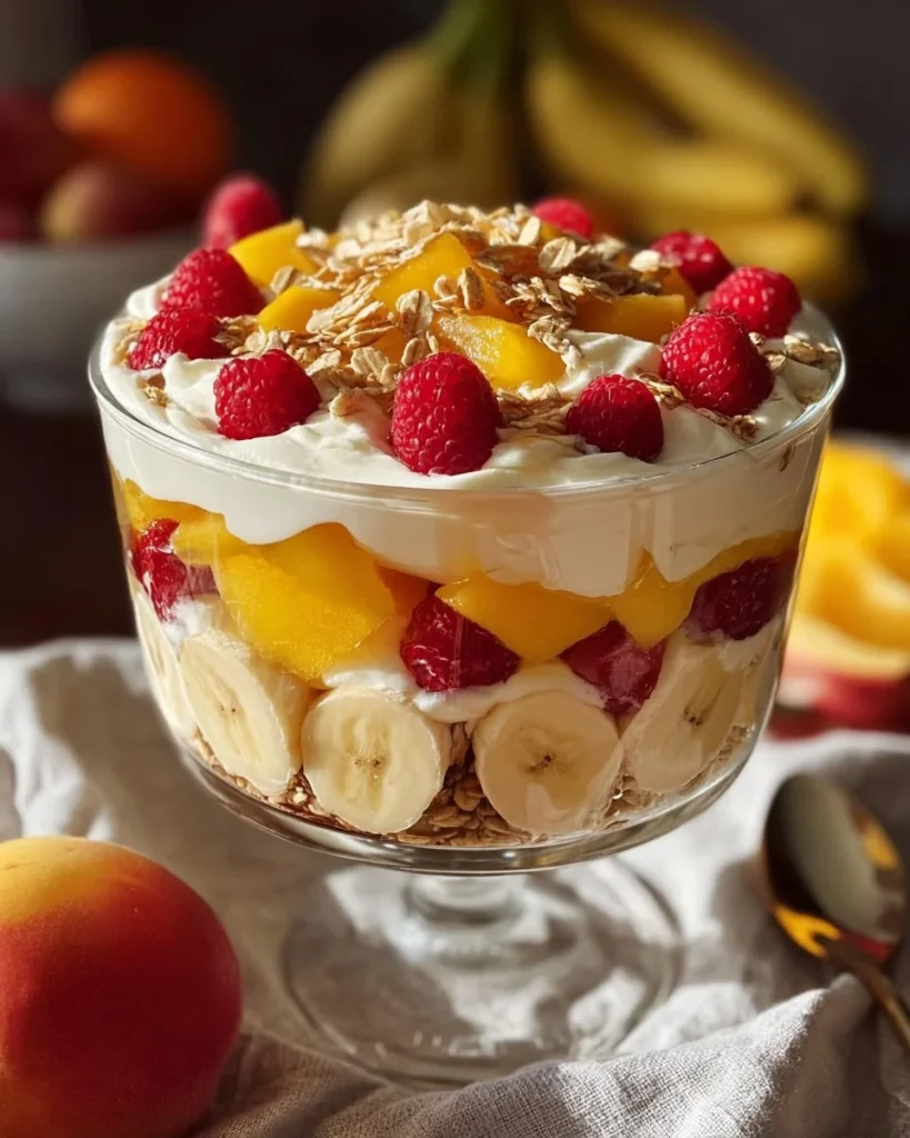 Creamy banana vanilla pudding topped with tropical fruits in a trifle dish.