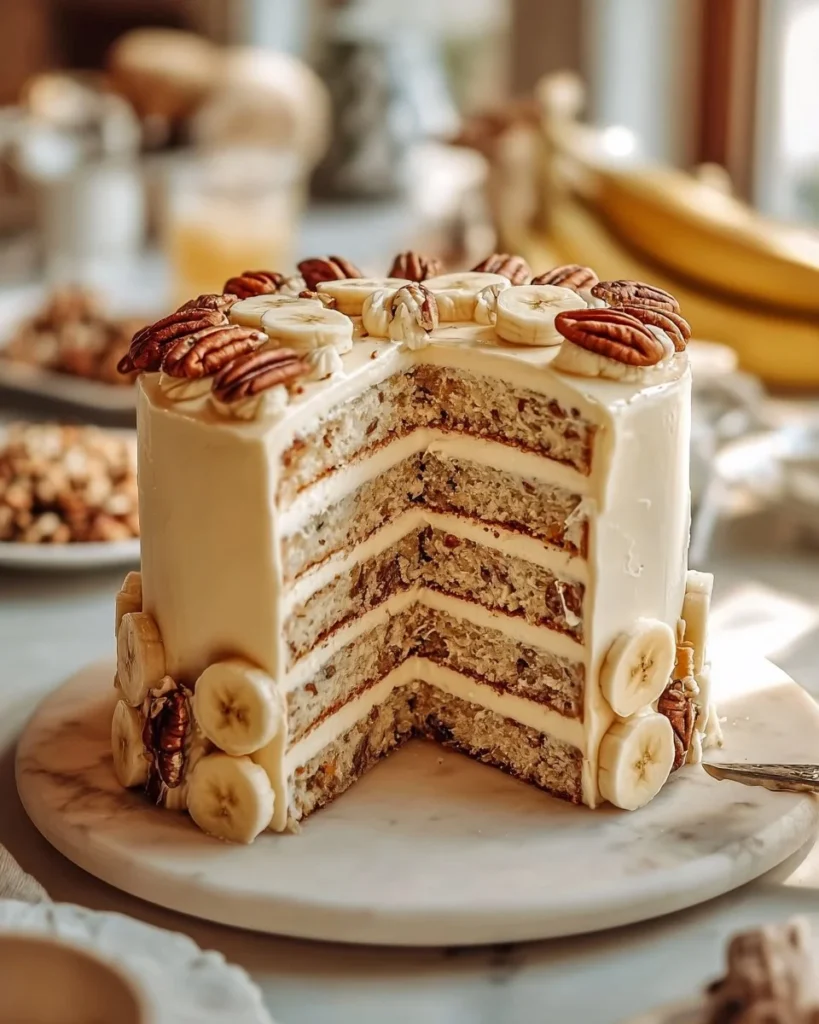 Slice of Banana Walnut Cake topped with creamy custard on a white plate