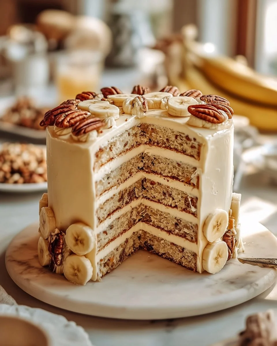 Slice of Banana Walnut Cake topped with creamy custard on a white plate