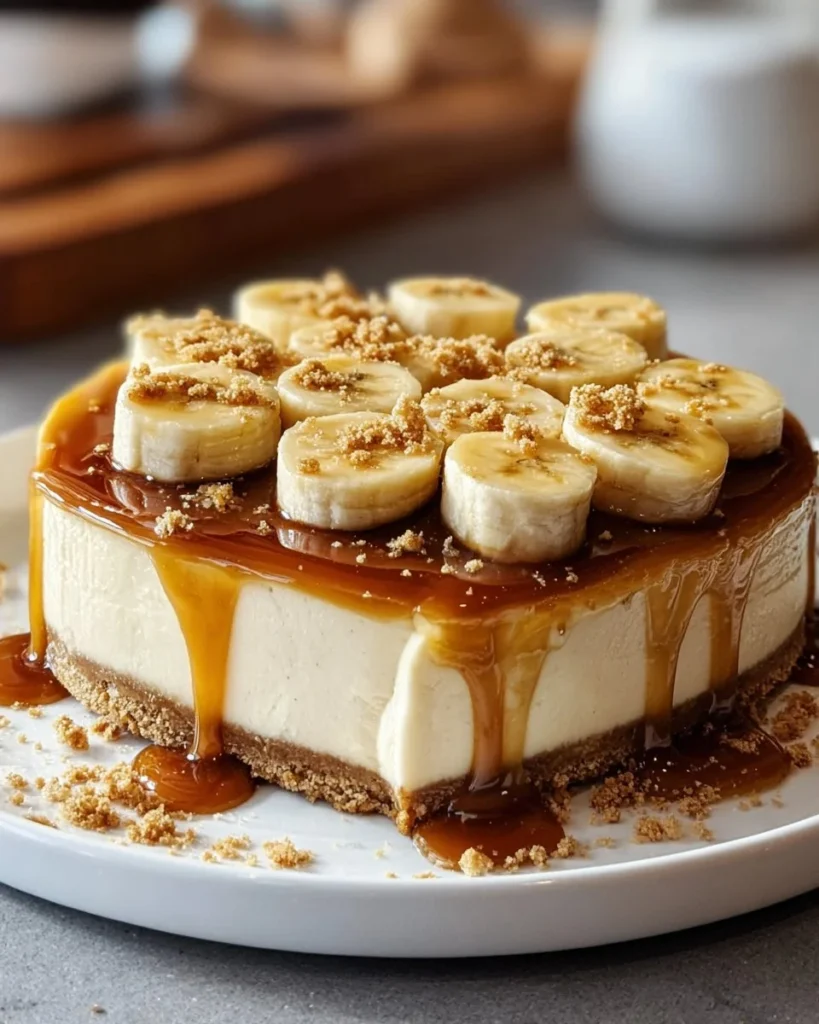 Deliciously creamy Bananas Foster Cheesecake topped with caramelized bananas