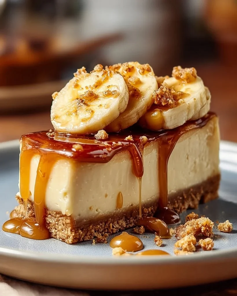 Delicious Bananas Foster Cheesecake with caramelized bananas and creamy topping