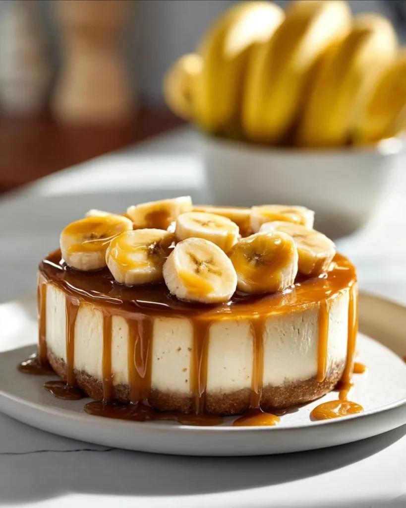 Delicious Bananas Foster Cheesecake topped with banana slices and caramel sauce