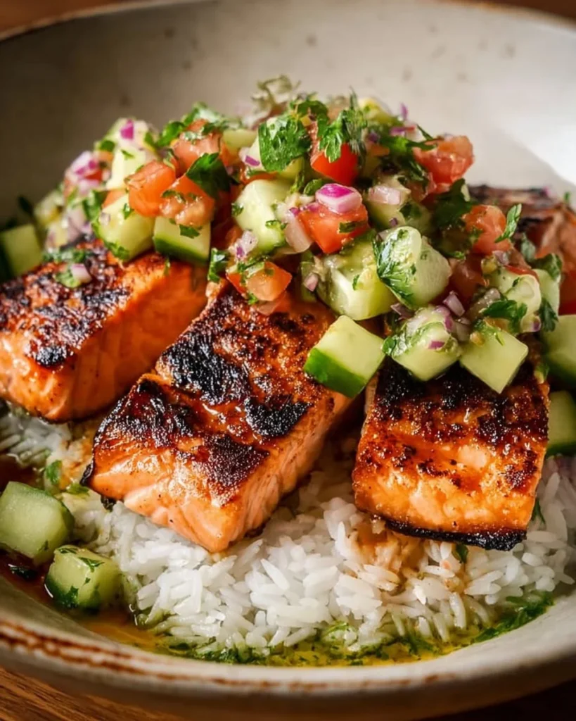 Plate of Bang Bang Salmon served with avocado cucumber salsa