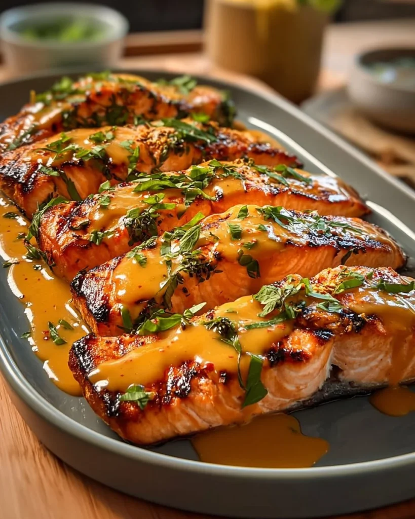 Plate of Bang Bang Salmon drizzled with sweet and spicy sauce