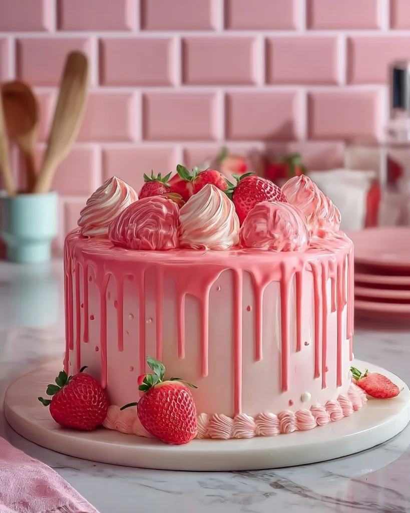 Barbie Pink Strawberry Cake with Strawberry Cream Cheese Icing decorated beautifully.