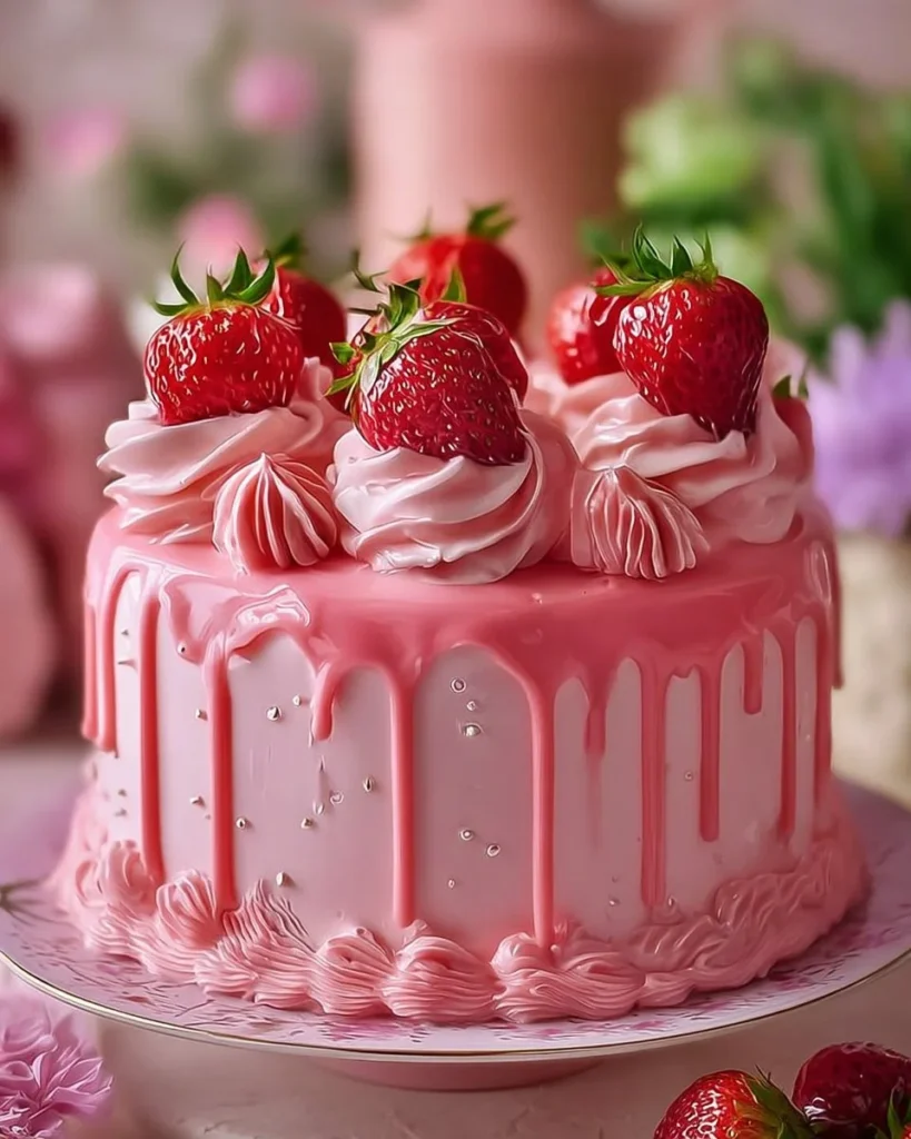 Barbie Pink Strawberry Cake with Strawberry Cream Cheese Icing decorated elegantly