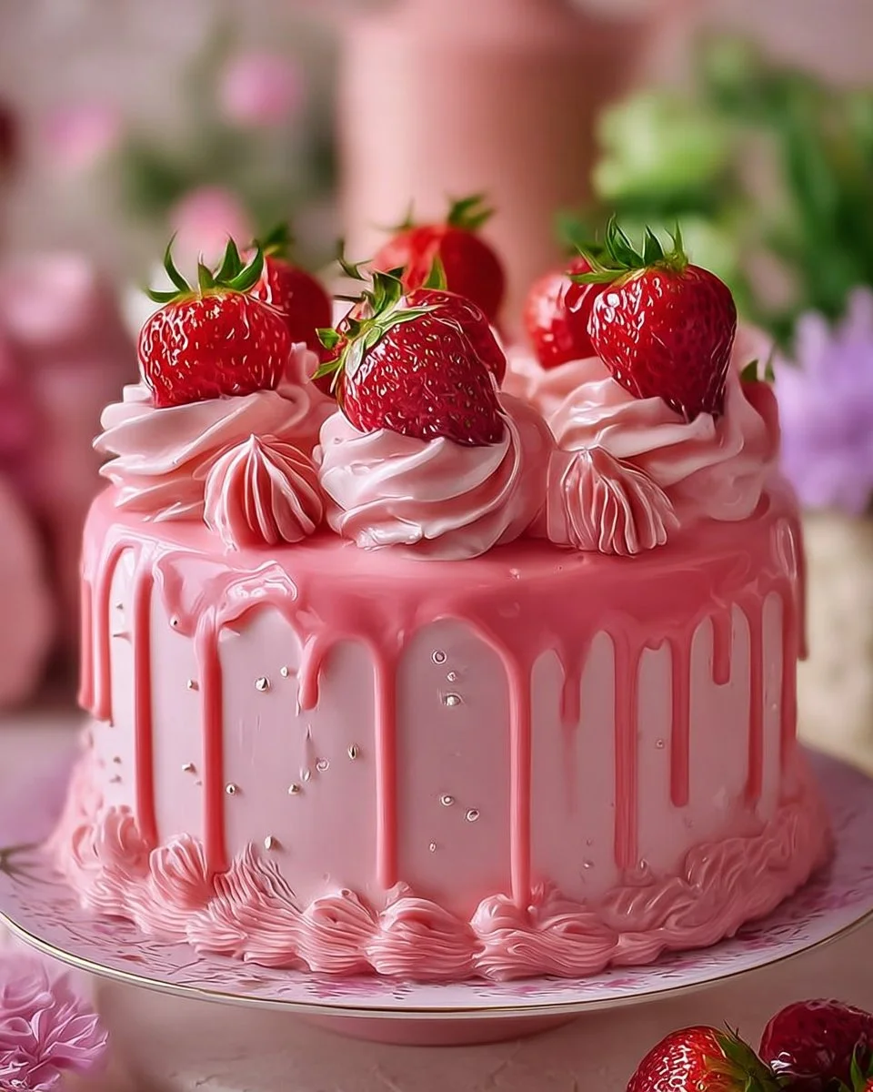 Barbie Pink Strawberry Cake with Strawberry Cream Cheese Icing decorated elegantly