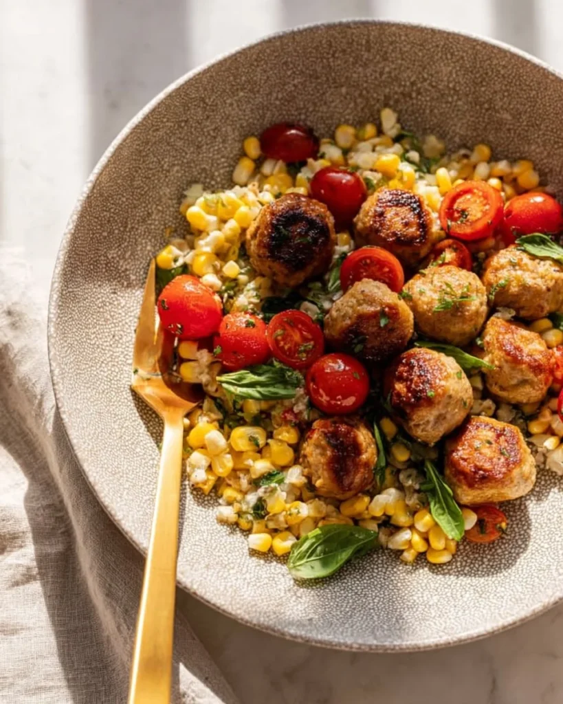 Basil Chicken Meatballs with Summer Couscous on a white plate