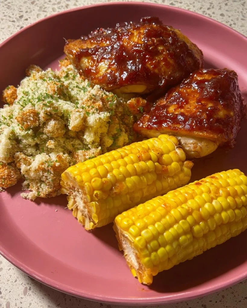 BBQ Baked Chicken Thighs served with stuffing and buttered corn on a plate