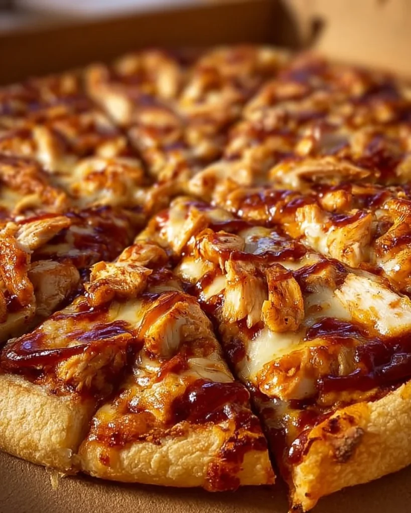 Delicious BBQ chicken pizza topped with barbecue sauce, chicken, and cheese.