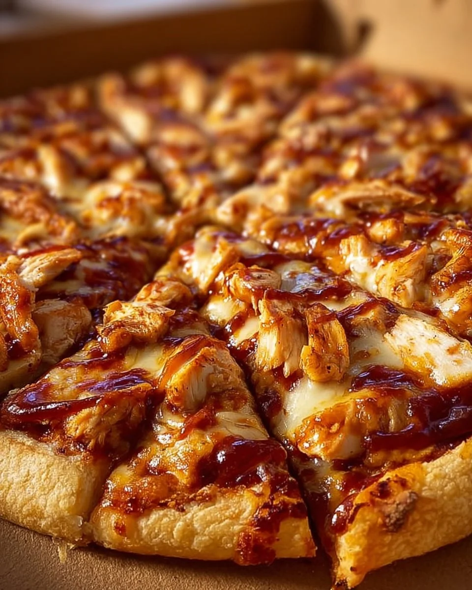 Delicious BBQ chicken pizza topped with barbecue sauce, chicken, and cheese.
