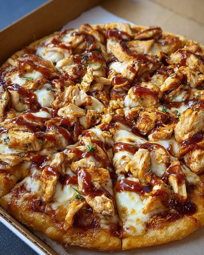 BBQ Chicken Pizza Delight topped with chicken and barbecue sauce