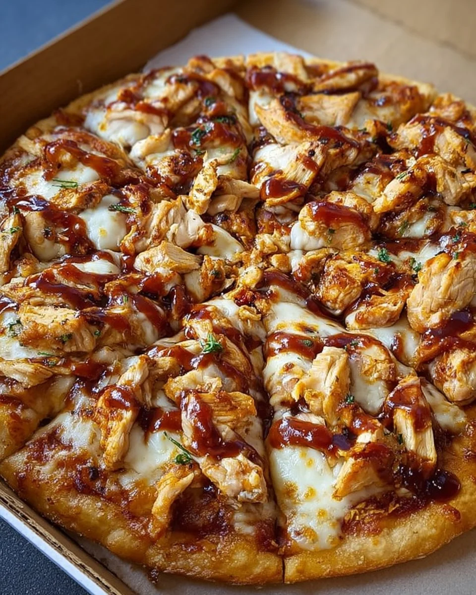 BBQ Chicken Pizza Delight topped with chicken and barbecue sauce