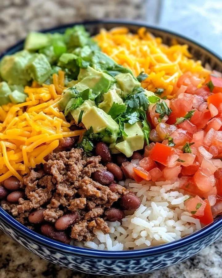 Delicious beef burrito bowl with beans and toppings