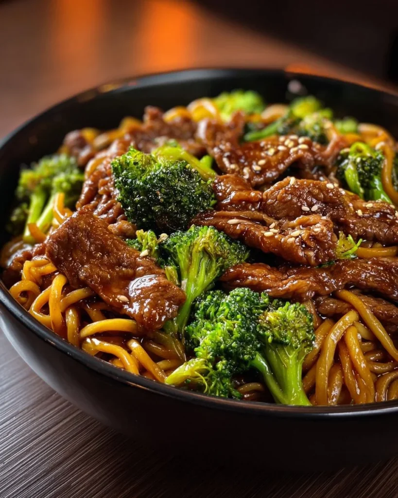 Delicious Beef and Broccoli Lo Mein with fresh vegetables and tender noodles.
