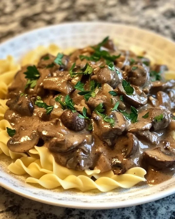 Delicious Beef Stroganoff with mushrooms in a creamy sauce served over noodles