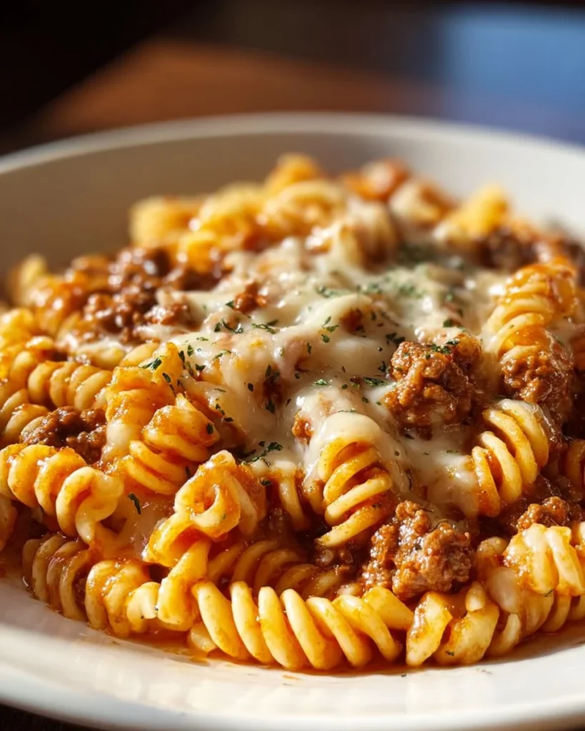 Delicious Beef and Rotini Pasta served in creamy Garlic Parmesan Sauce