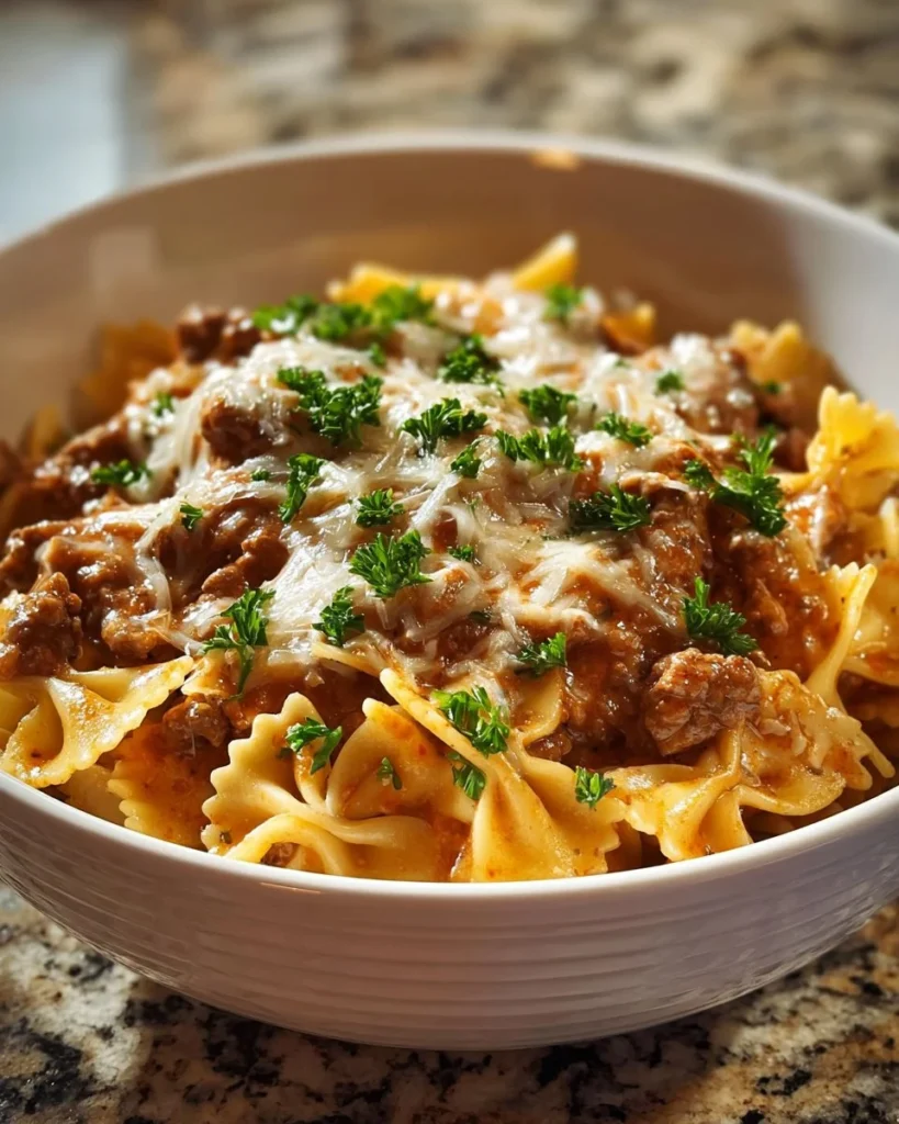 Delicious beef bowtie pasta in creamy Alfredo sauce, garnished and served warm.