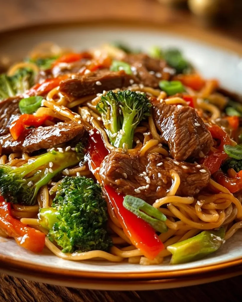Delicious plate of Beef Lo Mein with noodles, beef, and vegetables