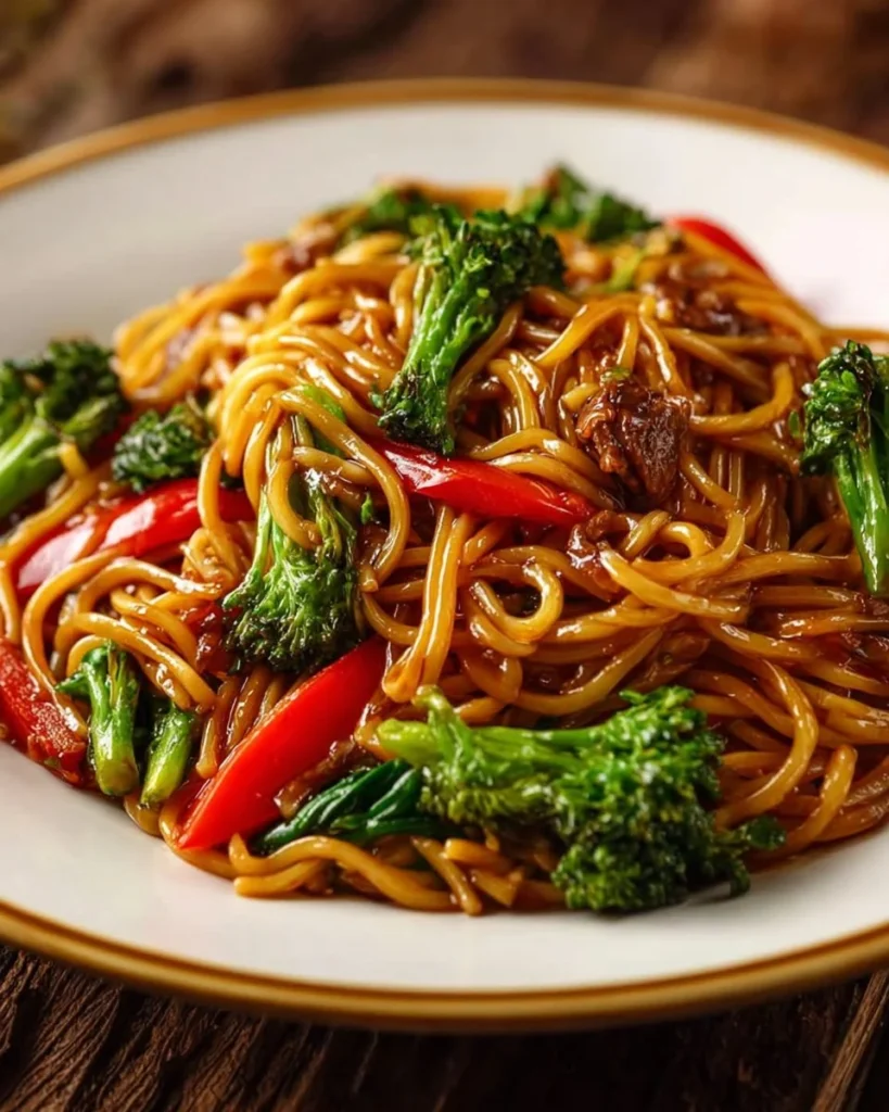 Delicious Beef Lo Mein with tender beef, vegetables, and savory sauce in a bowl.