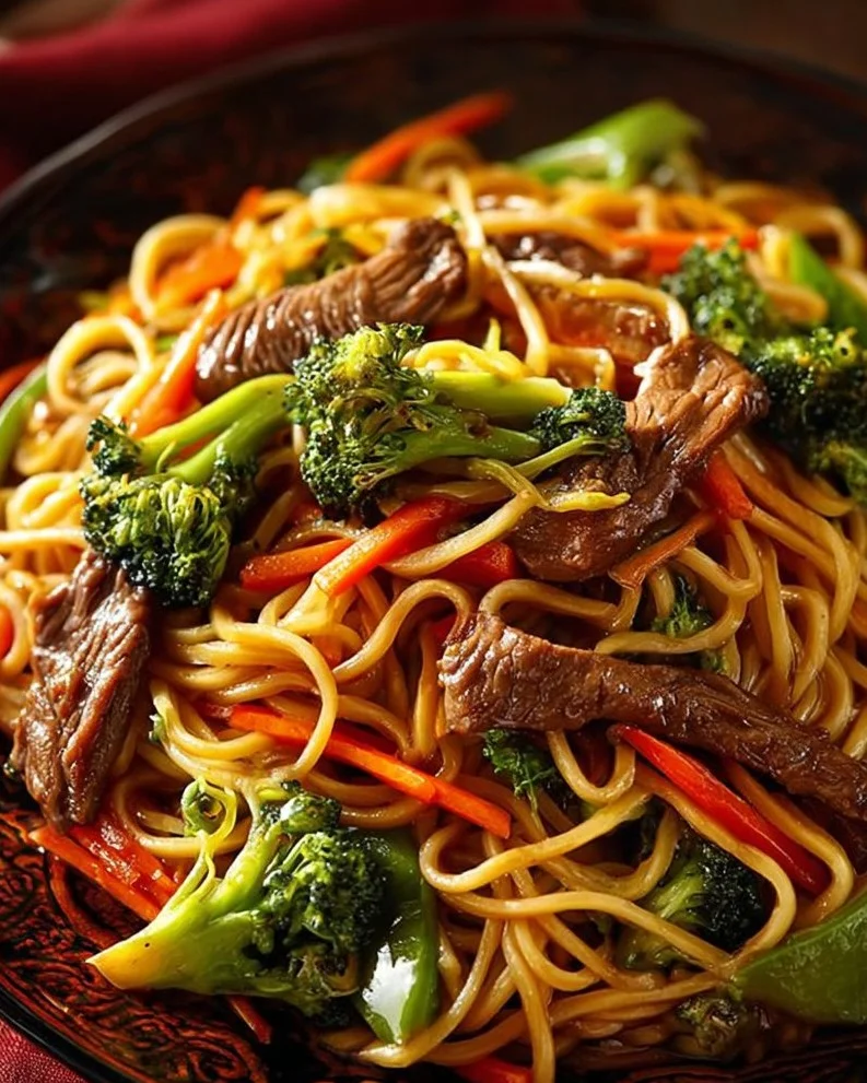 Delicious Beef Lo Mein with tender beef and fresh vegetables on a plate
