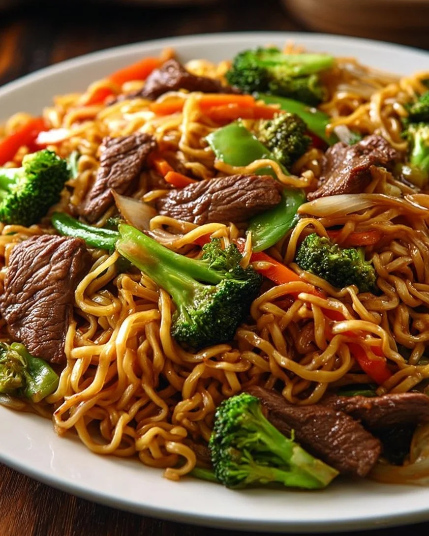 Delicious Beef Lo Mein with tender beef and colorful vegetables in a savory sauce.