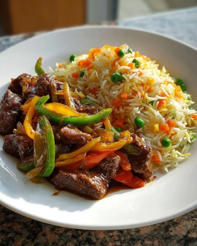 Beef Stir-Fry with colorful vegetables served over veggie fried rice.