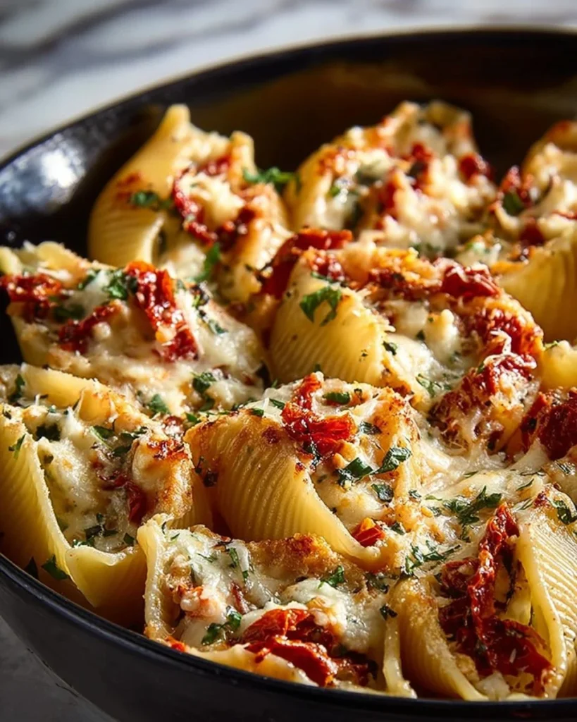 Beef-stuffed shells with creamy ricotta filling served on a plate