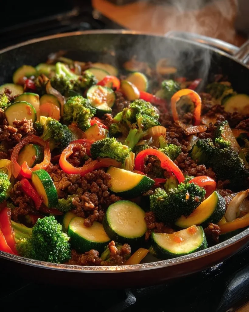 Beef and vegetable stir-fry skillet with colorful veggies and tender beef slices