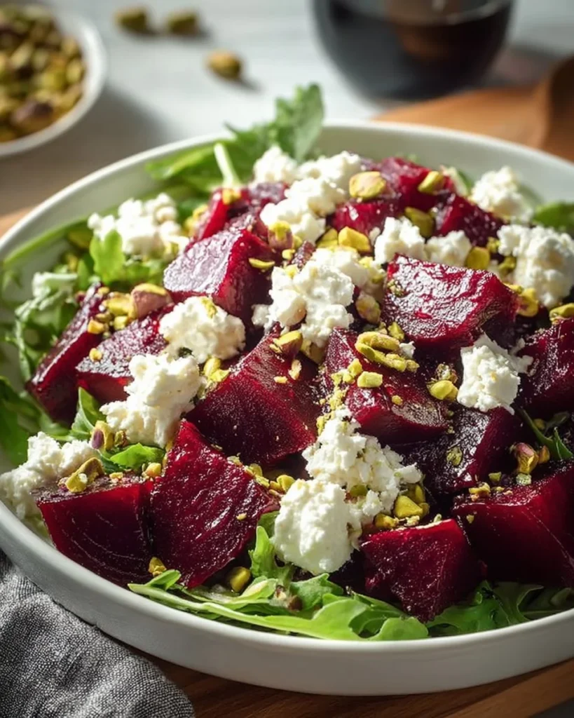 Colorful beet salad topped with goat cheese and pistachios