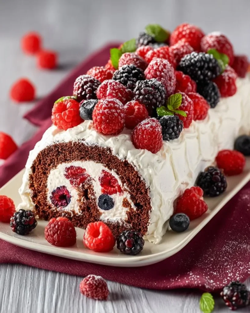 Berries and Cream Chocolate Cake Roll with fresh berries and cream topping