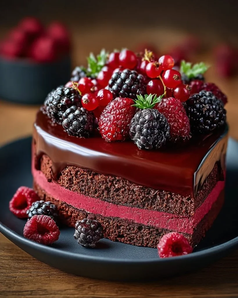 Delicious Berry Bliss Chocolate Cheesecake topped with fresh berries
