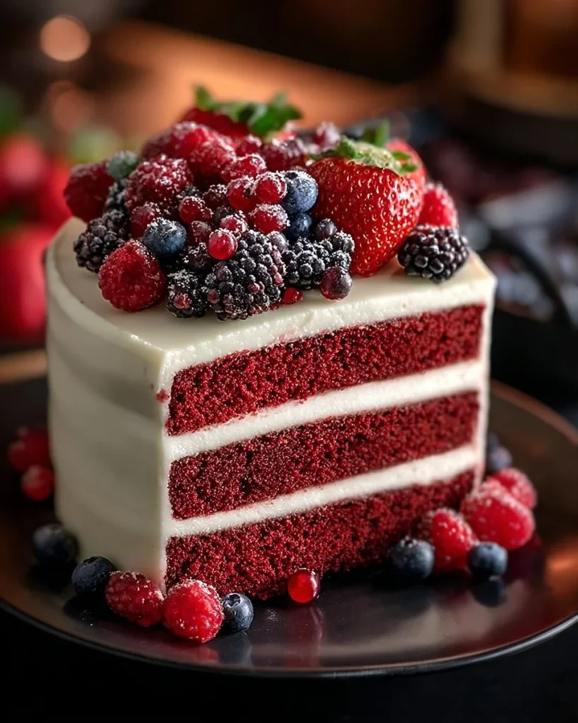 Berry Bliss Red Velvet Cake topped with fresh berries and cream cheese frosting.