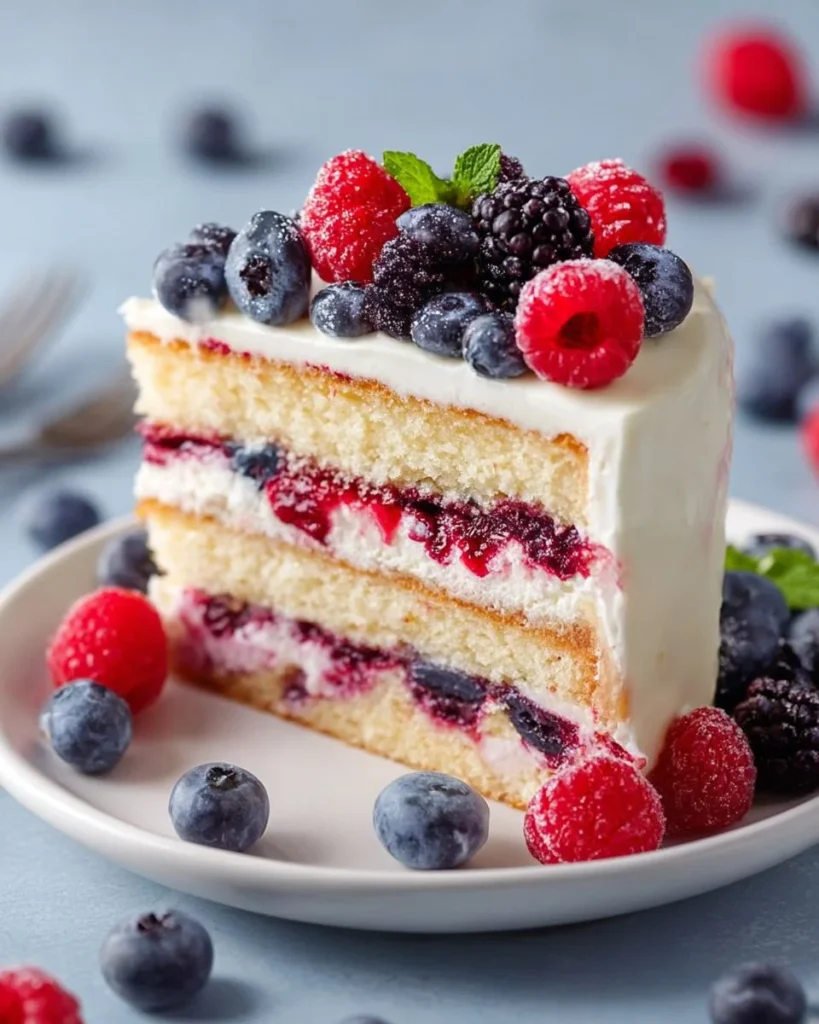 A slice of Berry Chantilly Cake topped with fresh berries and whipped cream.