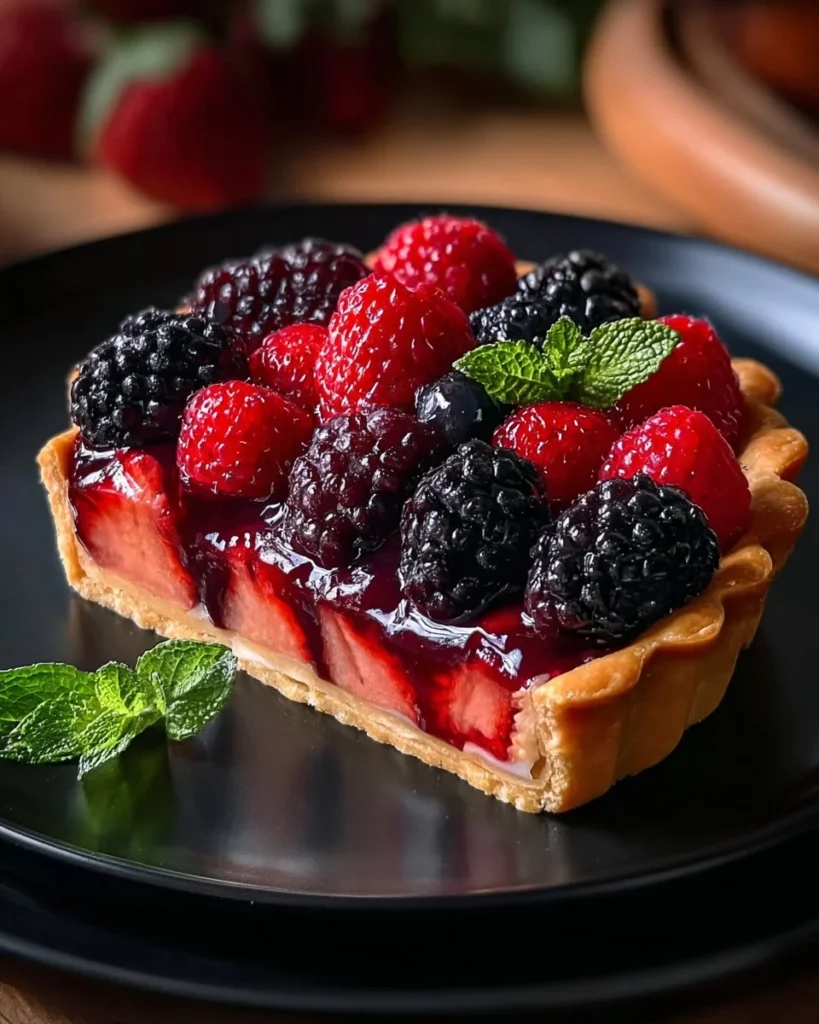 A delicious Berry Medley Tart topped with fresh assorted berries.