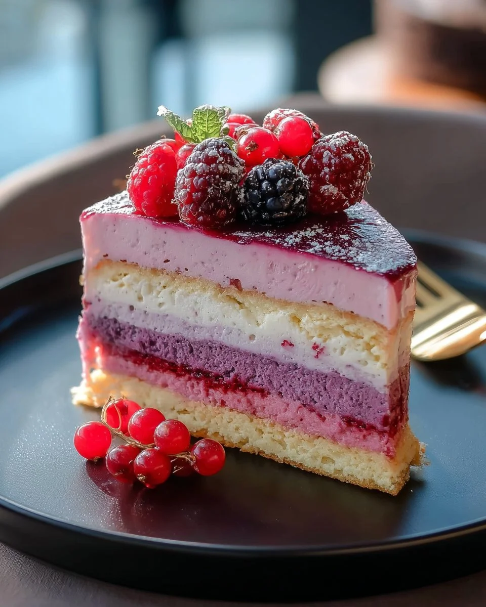 Berry Mousse Cake with genoise layers and fresh berries, beautifully presented