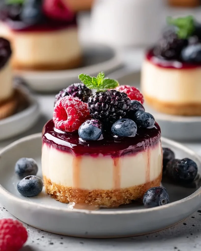 Delicious berry no bake cheesecakes served in a dessert dish.