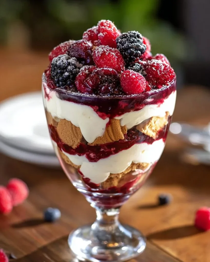 Delicious Berry Tiramisu Trifle served in a glass dessert cup