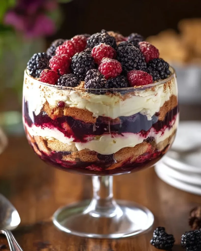 Berry Tiramisu Trifle with layers of berries and cream in a glass dish