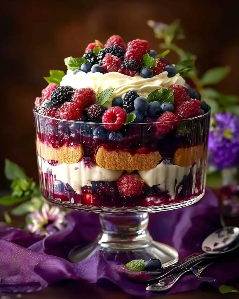 Berry tiramisu trifle with layers of cream and fresh berries