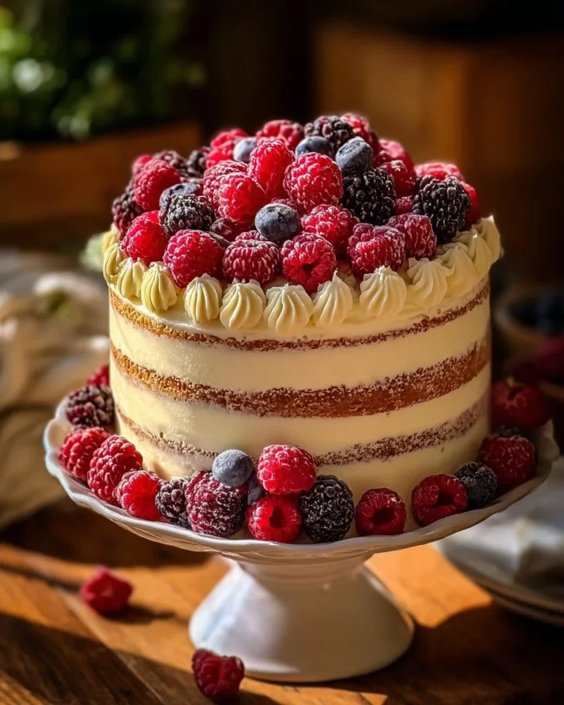 Berry-topped vanilla layer cake with fresh berries and creamy frosting