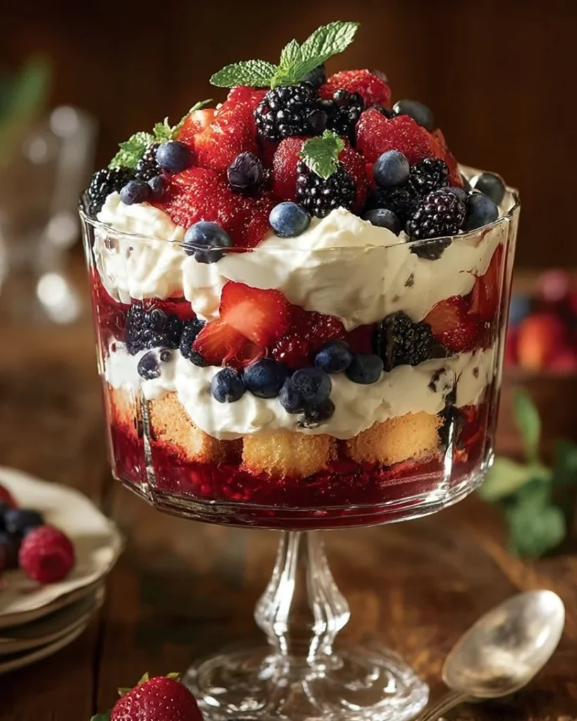 Delicious Berry Trifle with layers of mascarpone whip and fresh berries.