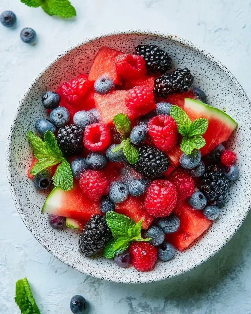 Berry watermelon dragon fruit salad in a bowl with fresh berries and mint