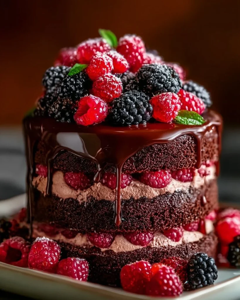 Berrylicious Chocolate Drip Cake topped with luscious chocolate and fresh berries