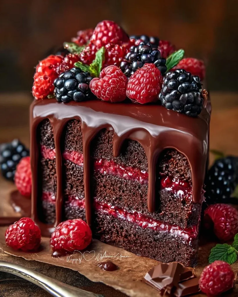 Berrylicious Chocolate Drip Cake with fresh berries and chocolate ganache drizzle