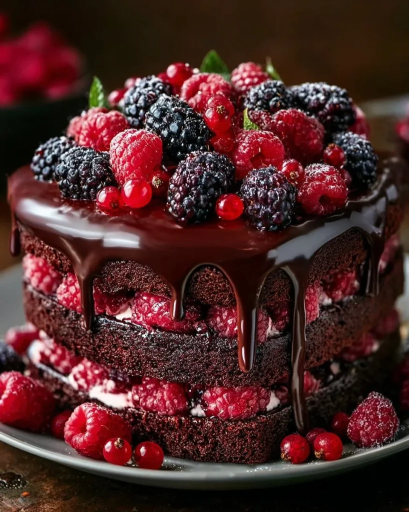 Berrylicious Chocolate Drip Cake decorated with fresh berries and chocolate drizzle